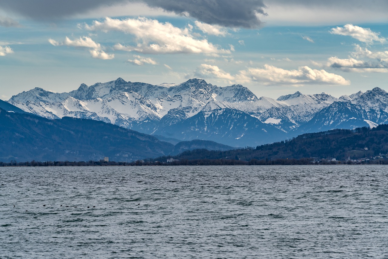 lake, mountains, clouds