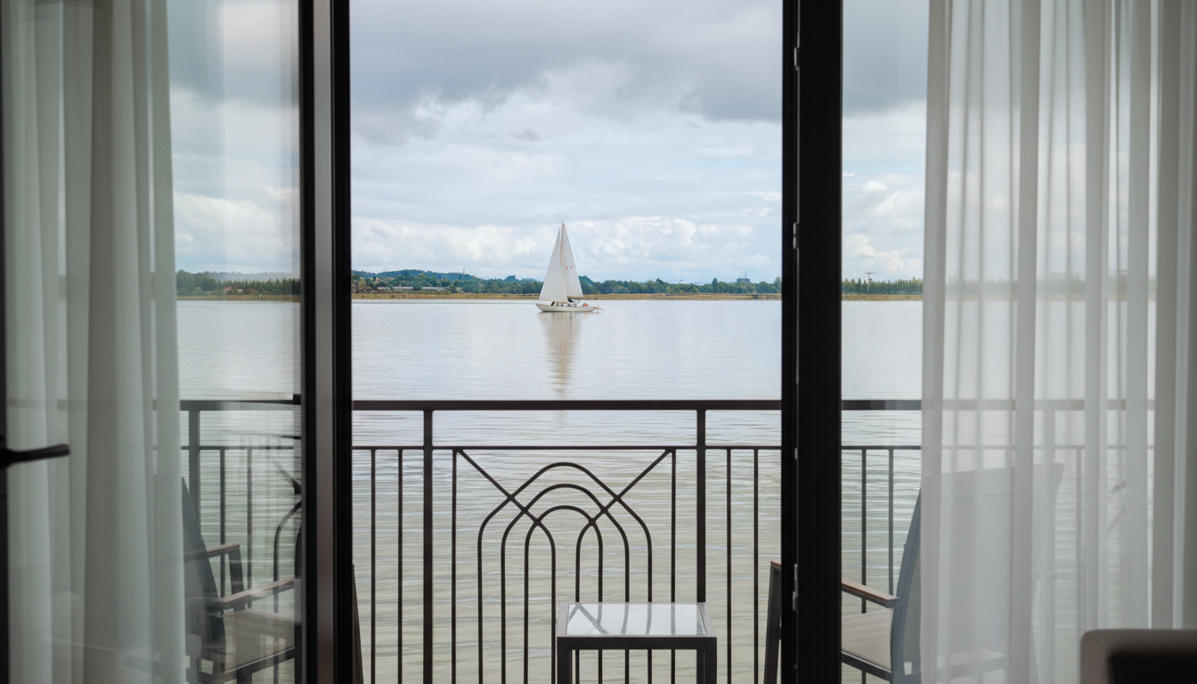 Blick aus dem Hotelzimmer auf den Bodensee mit der Insel Raichenau im Hintergrund